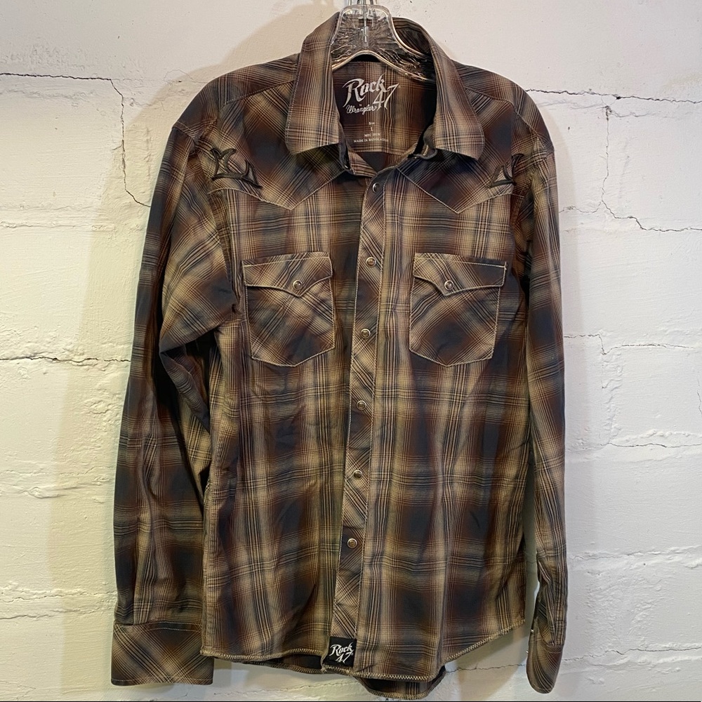 Rock 47 by Wrangler Vintage Mens Brown Plaid Western Shirt w Leather Appliqués